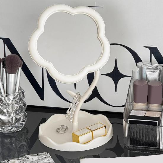 Flower Desk Makeup Mirror with Storage Tray 360 Degrees Rotation Desktop Vanity Mirror Multi-purpose Women Cosmetic Table Mirror Jewelry Organizer