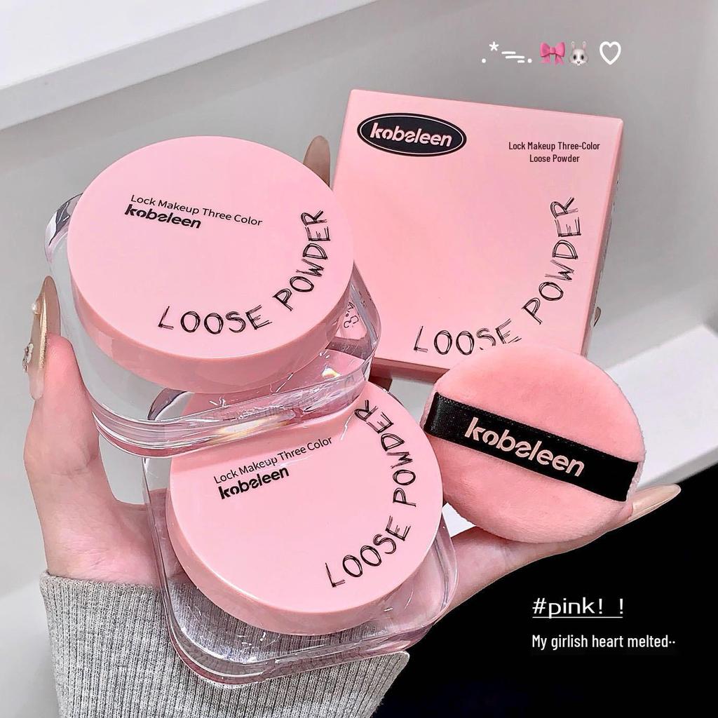 Kobeleen Three-Color Loose Powder with Puff: Fine, Natural Soft Mist Finish, Waterproof, Sweatproof, Brightening Women's Setting Powder.