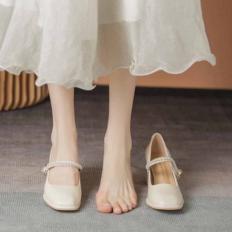 

Кожаные туфли на плоской подошве для женщин Хуэйчжоу, виноградные туфли той же расцветки, одинарные туфли на толстом каблуке, новые французские туфли Мэри Джейн на высоком каблуке 34 абрикосовый