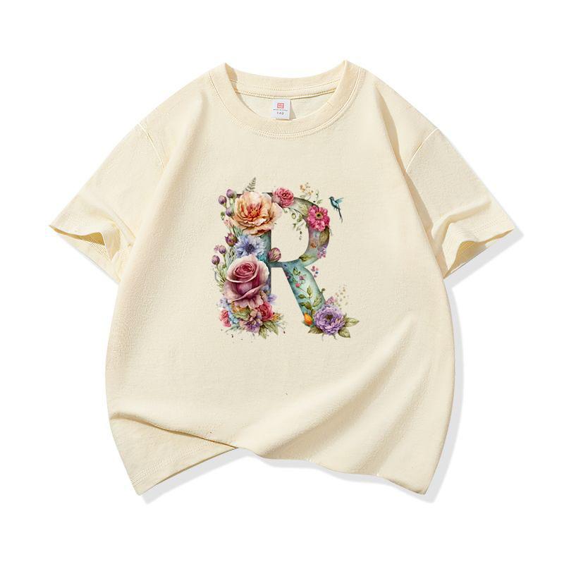 Kids Cotton T Shirt Floral Letter R Print Crew Neck Short Sleeve Tee Casual Boys Girls Summer Tops