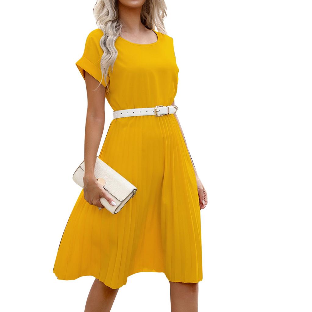 Women's Dresses Solid Color Round Neck Short Sleeve Pleated Dresses Casual Temperament Tunic Dresses