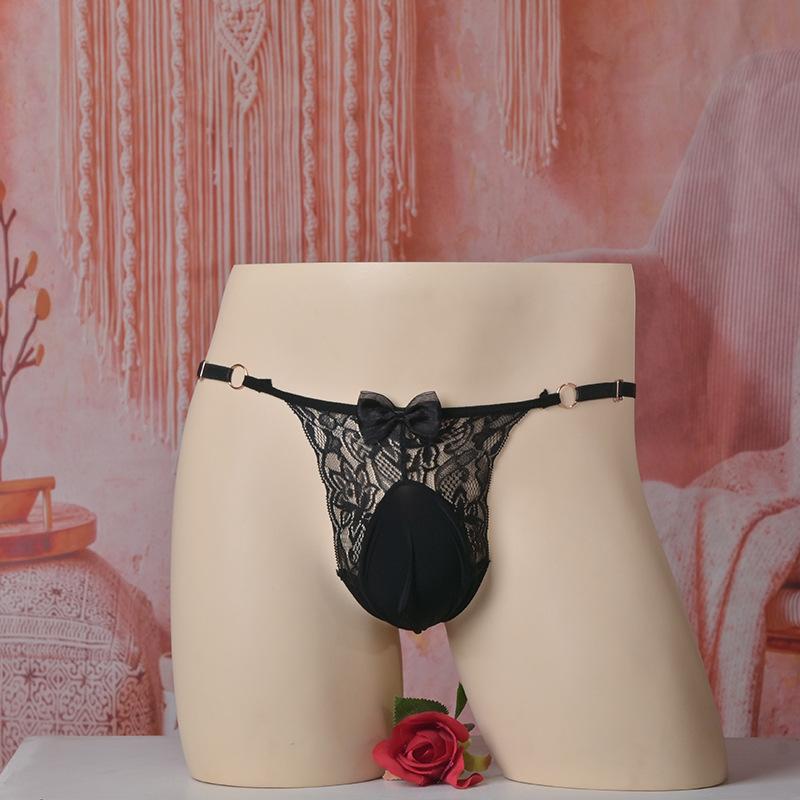 Men'S Sweet Bow Full Lace Underwear Sexy Sheer Sissy Pouch Panties Crossdressers Underwear Adjust Waist Low Waist T-Back Thong