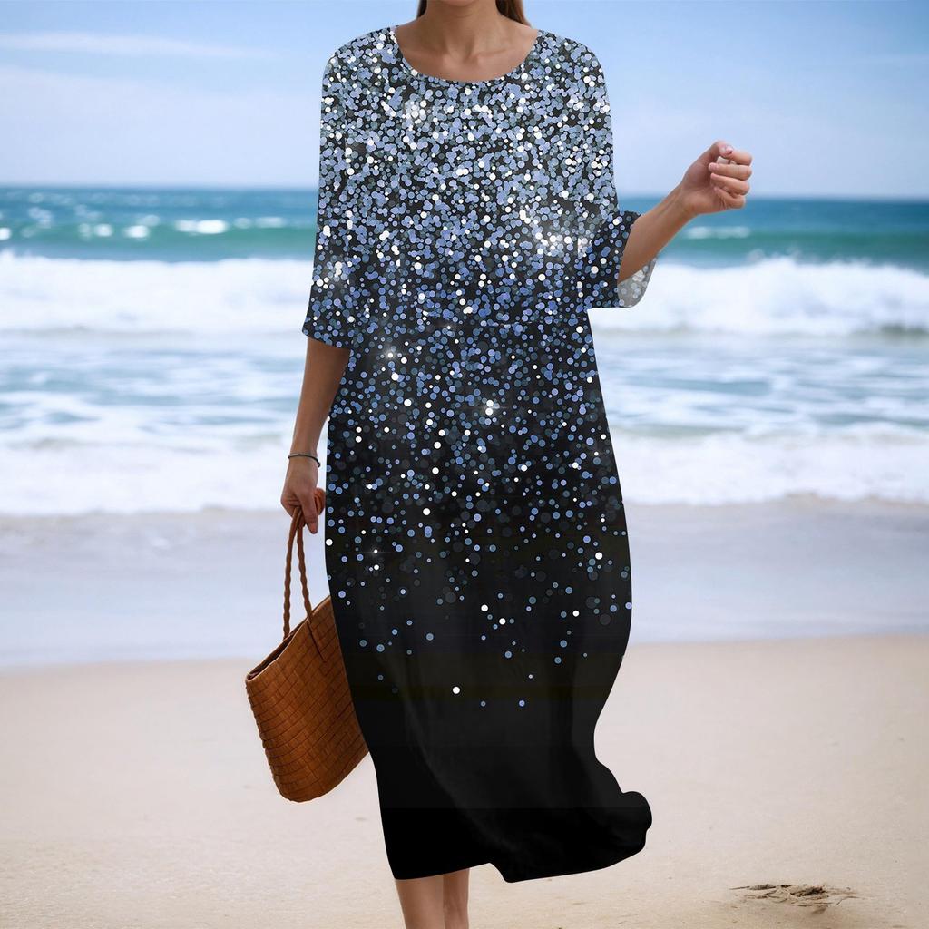 Women's Fashionable Printed Round Neck Seven Quarter Sleeve Loose Dress