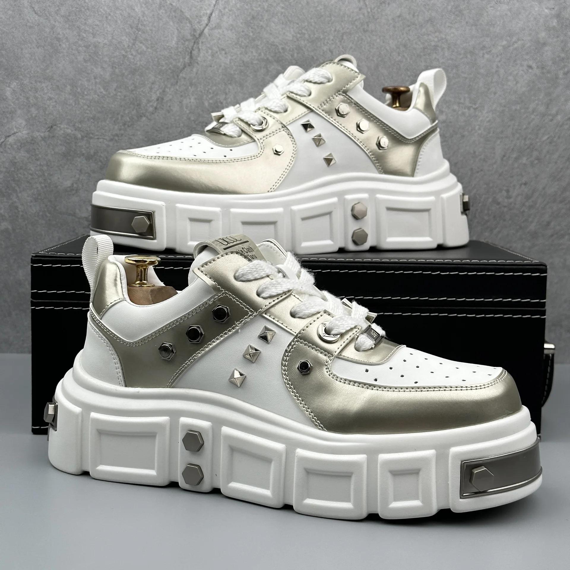 

2024 Осень Новые Модные Туфли Rivets Plate Shoes Мужские Низкие Мягкие Кроссовки Универсальные Повседневные Туфли Мужские Толстые Кроссовки Нескользящие Кроссовки Панк 44 белого золота