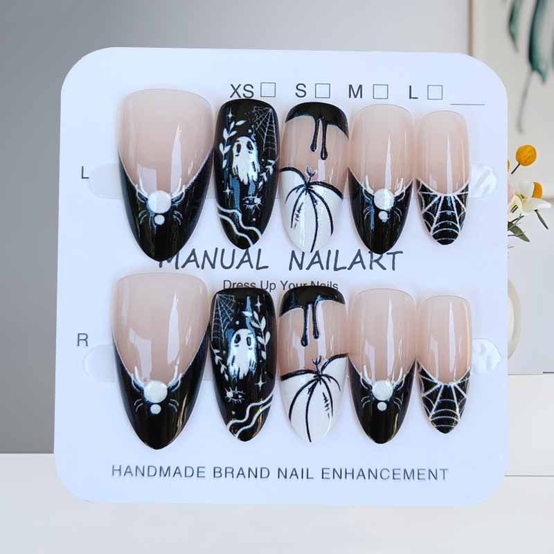 10 Pcs Halloween Short Almond Press On Nails Black White Ghost Spider Clown Design False Nail Art Tips