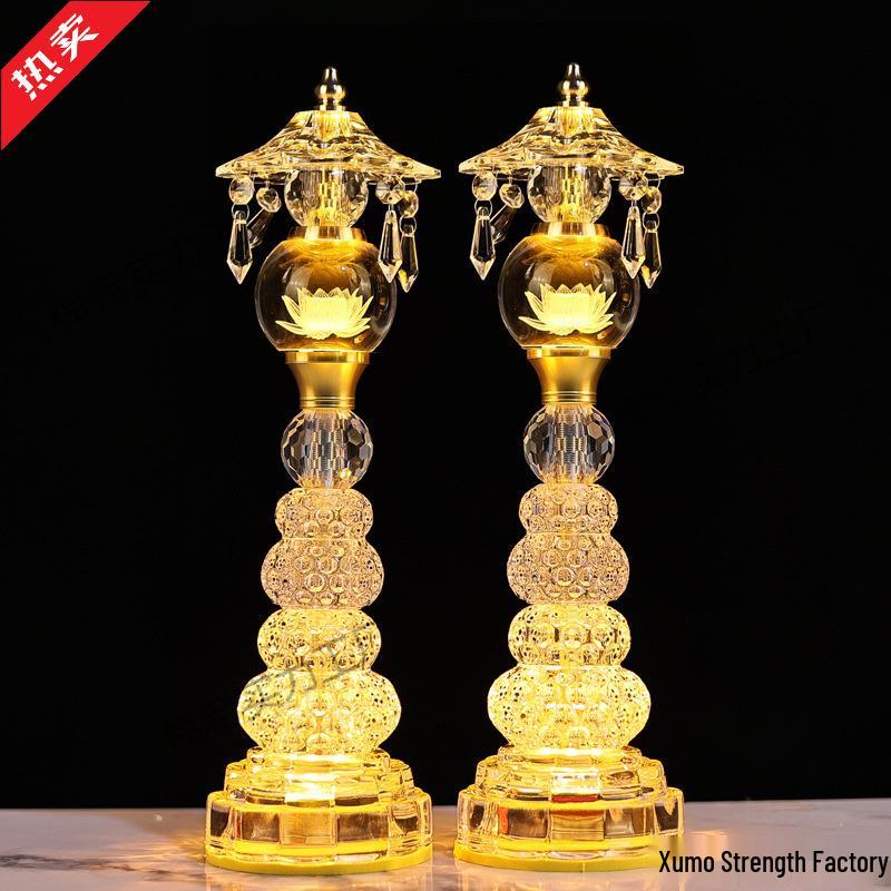 Buddha Altar Seven-Color Crystal Lotus Lamp, Plug-in Pair for Year of the Horse