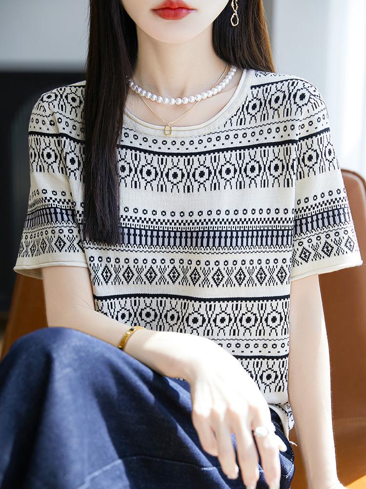 Women's Bamboo Linen Fair Isle Stripe Knit Round Neck Short Sleeve Loose Top