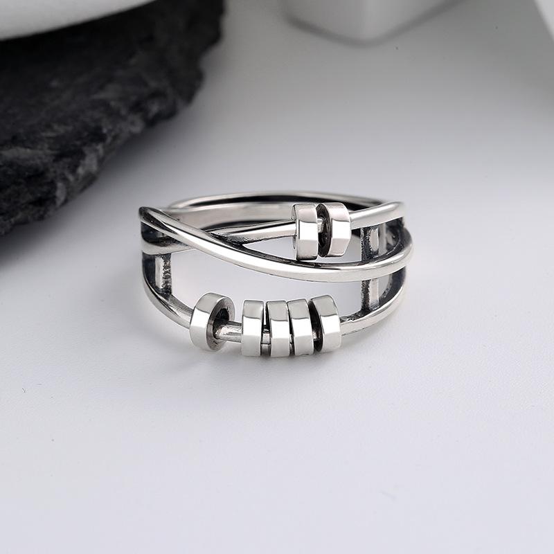 S925 Sterling Silver Three-ring Smart Ring Ins Wishing Transfer Beads Light Luxury Exquisite Index Finger Ring Female