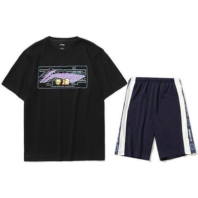 Li Ning Sports Fashion Series Round Neck Short Sleeve T-Shirt And Shorts Set Men Sets Blue Black AKSS983-2+AHSR340-12