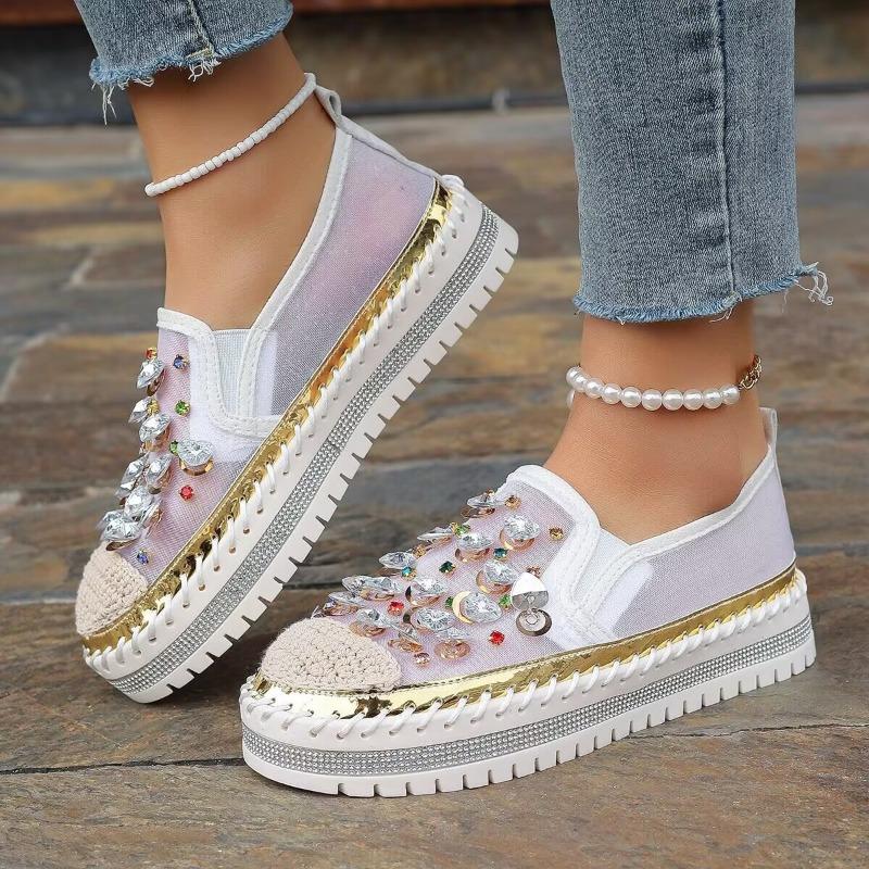 New Student Casual Board Shoes One Pedal Four Seasons Color Rhinestone Muffin Thick-soled Loafer Flat-soled Single Shoes Women
