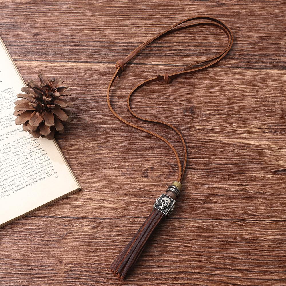 JMXD Genuine Leather Skull Pendant Long Cord Necklace Fashion Retro British Street Style Unique Accessory for Men Women