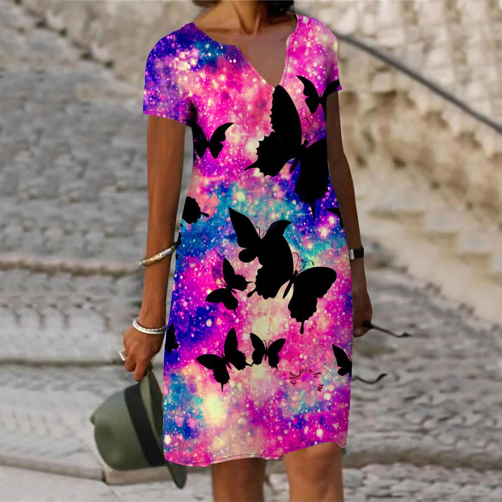 Summer Fashion V-neck Dress Ladies Short Sleeve Black Shadow Butterfly Printed Dress Loose Casual Dress for Women