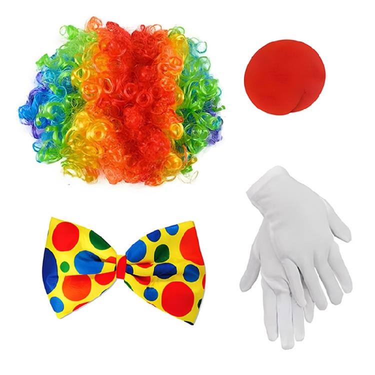 Full Feature Adult Clown Cosplay Set for Halloween Celebration Role Play Rainbow Wig Nose Bowtie Gloves Accessories Set