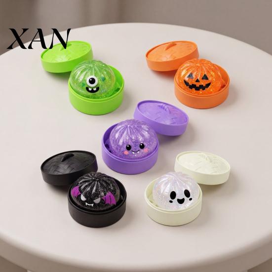 Squeeze Stress Ball Halloween Dumpling Toy with Steamer Box, Pumpkin Ghost Bat Steamed Sensory Bun for Relief, Party Favors