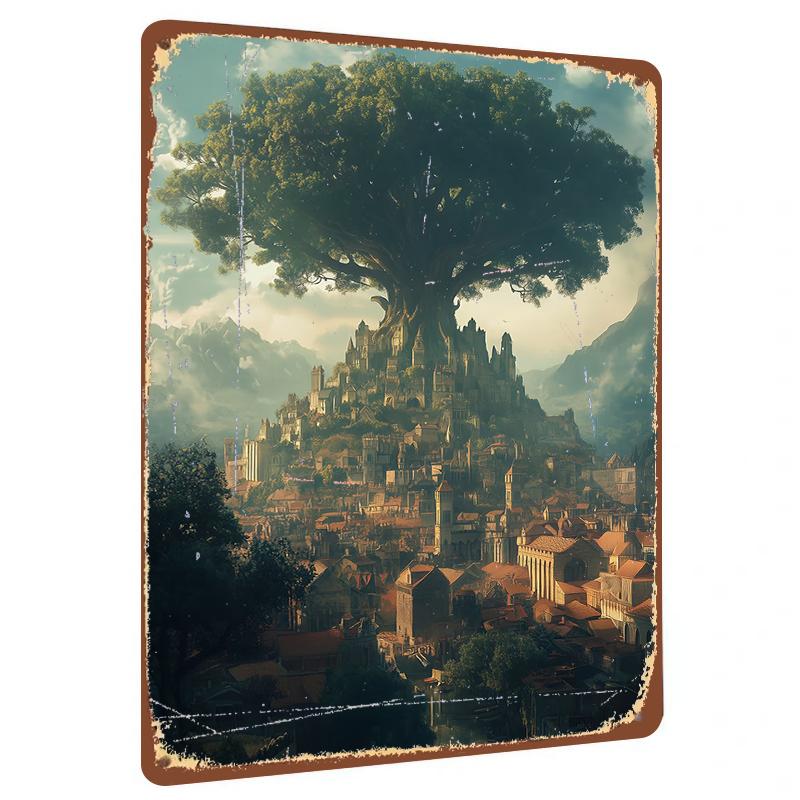 

Fantasy Giant Tree Castle Metal Iron Painting Vintage Home Decor Wall Art Living Room Decoration 20x30cm（7.8x11.8inch）