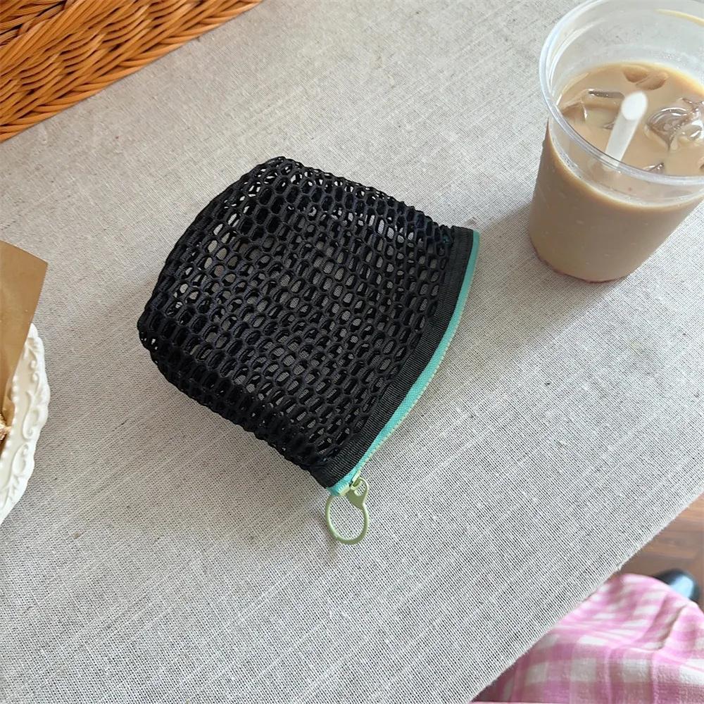 Small Transparent Mesh Coin Purse Bags Color Contrast Zipper Lipstick Cosmetic Small Storage Bag Keychain Earphone Bag Case