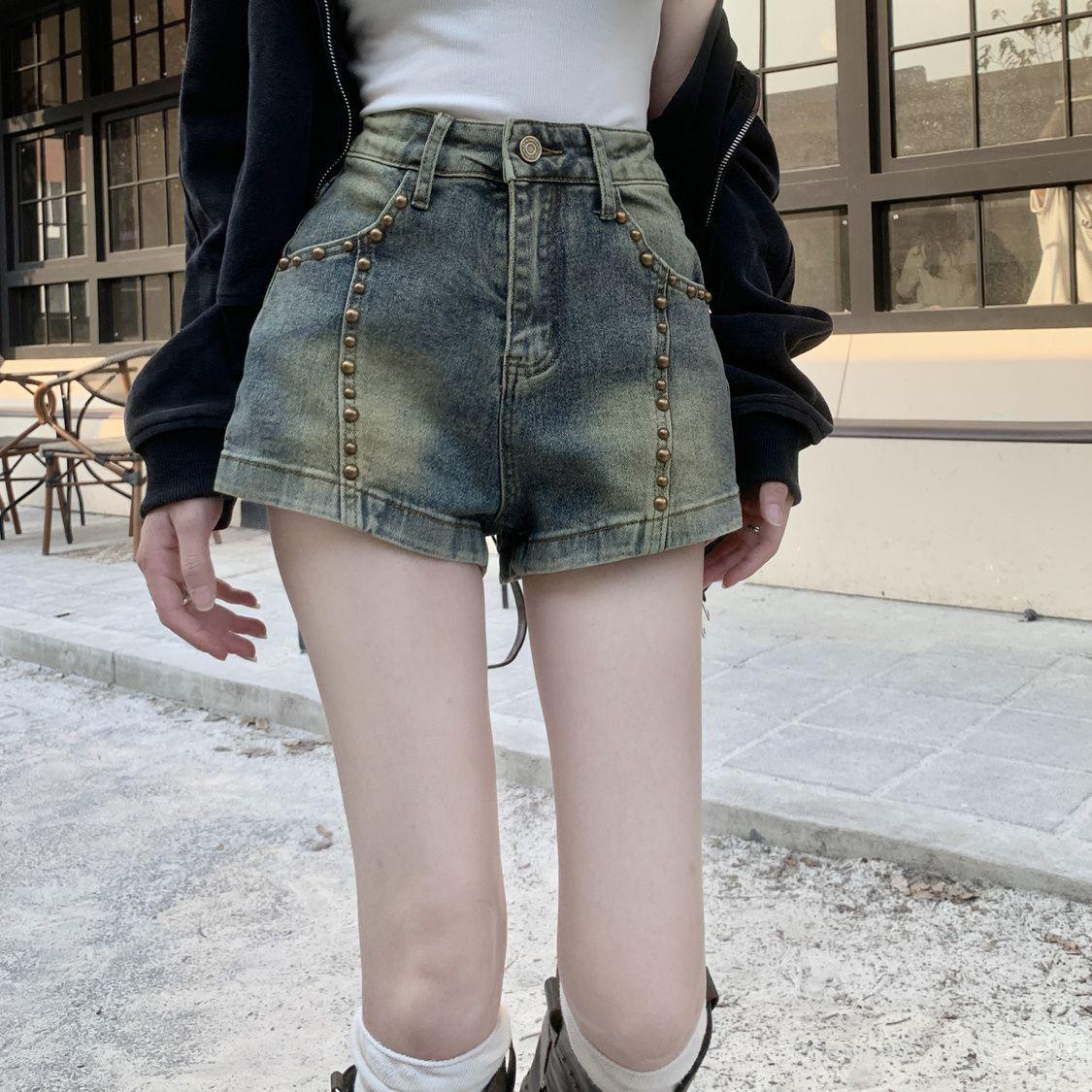 American Spicy Girl Women s High Waist Rivet Denim Shorts - 2026 Summer Collection Small
