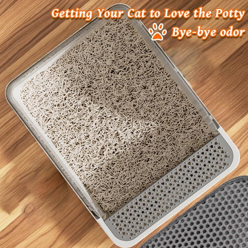 Open Cat Litter Box with High Side,Anti-Splashing Cats Litter Pan,Kitten Litter Box with Litter Sifter and Litter Mat,Semi-Enclosed Removable Kittens