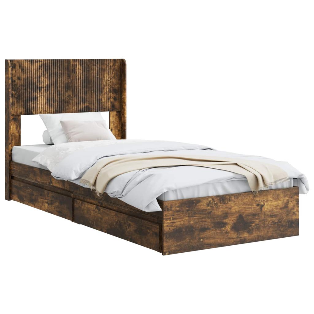 Bed Frame with Storage Space and Headboard Smoked Oak