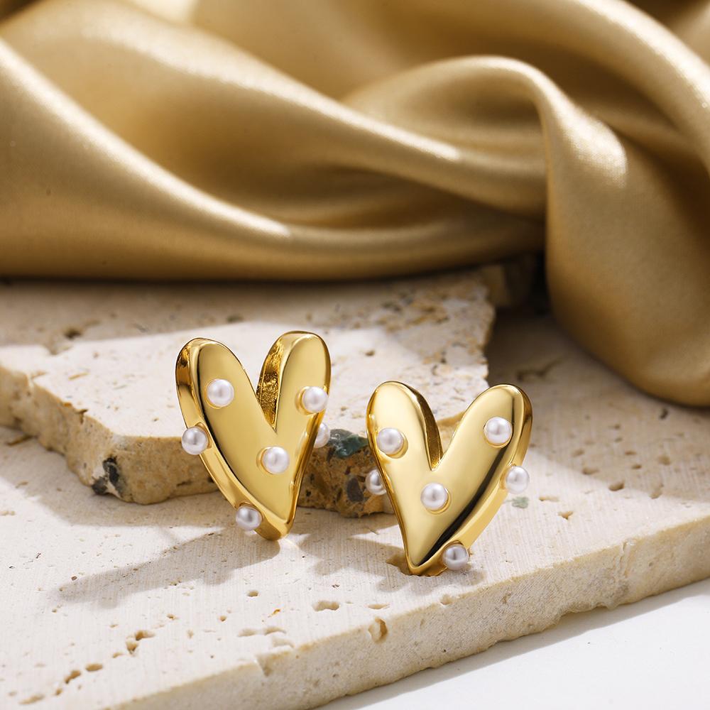 Trendy Glossy Stainless Steel 18K Gold Plated Heart Stud Earrings for Women Cute Love Pearl Piercing Earring Jewelry Daily 20mm