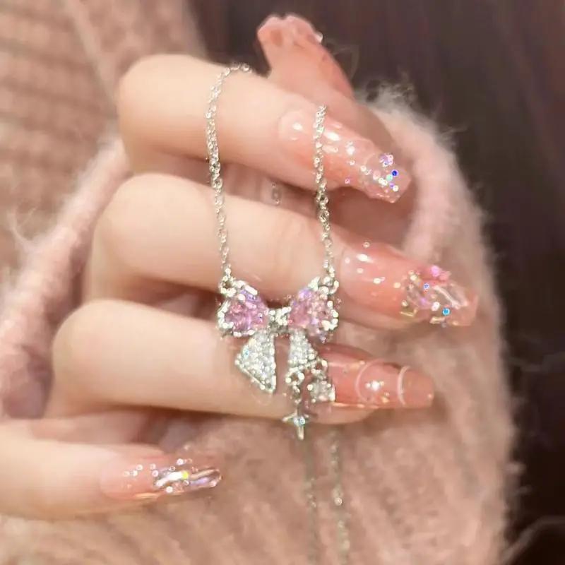 Korea New Design Pink Zircon Bowknot Cross Pendant Necklaces Y2K Girls Sweet Rhinestone Heart Clavicle Chain Women Zircon Gifts