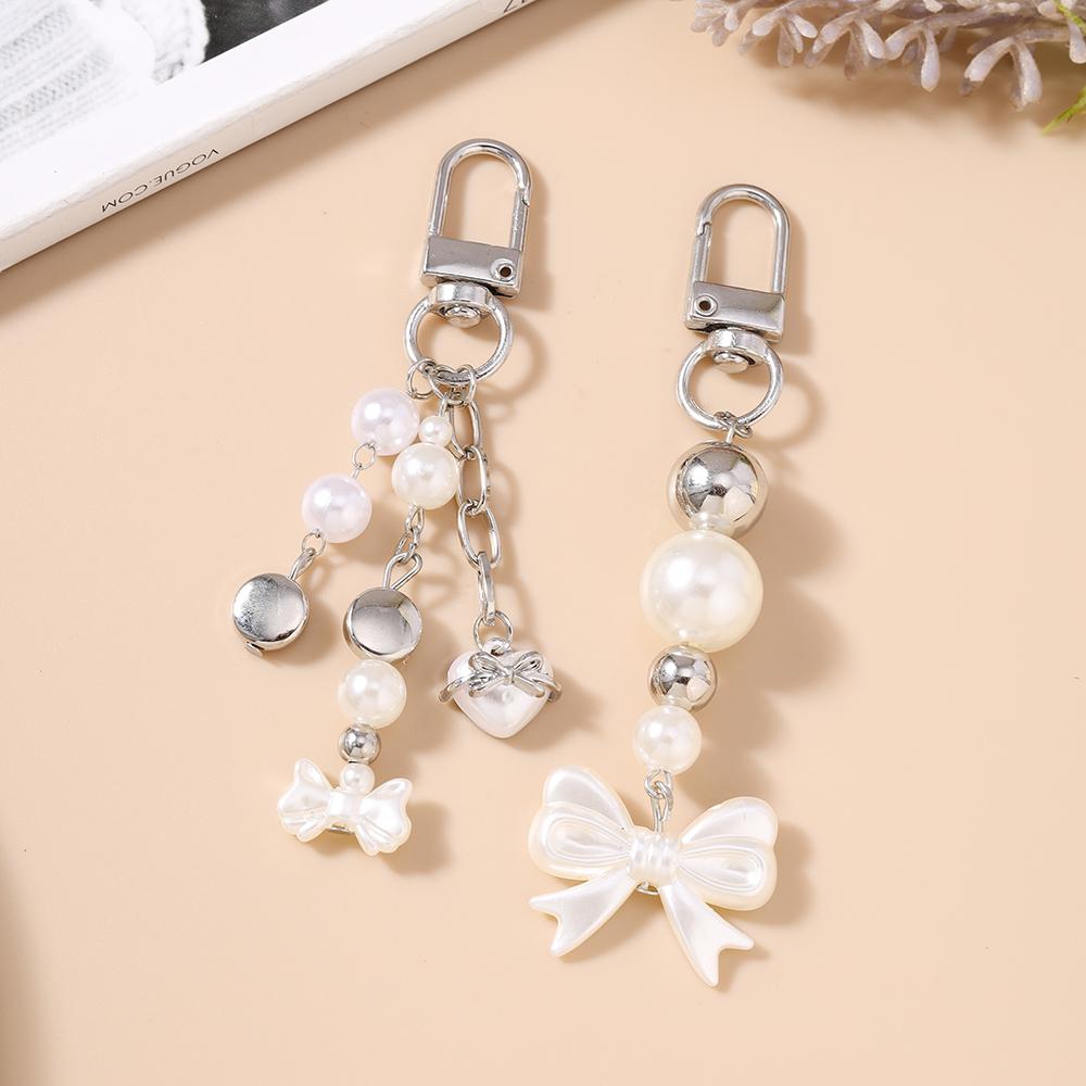 Cute Bowknot Keychain Women Girls Pearl Beaded Key Ring Pendants for Handbag Decor DIY Handmade Key Chain Gifts