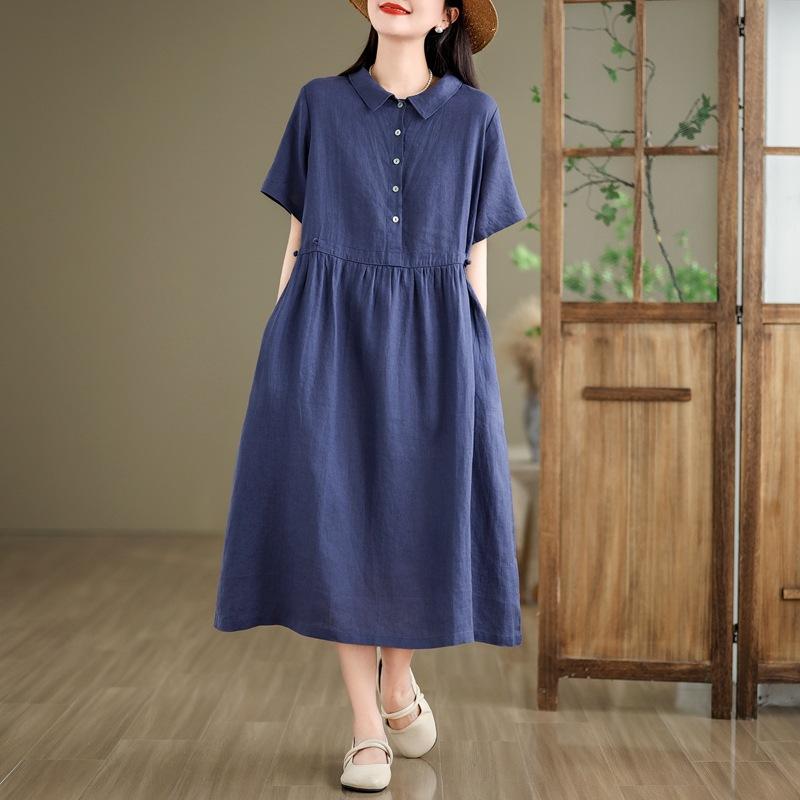 2025 Summer New Cotton and Linen Dress Women's Loose and Simple Polo Collar Short-sleeved Medium and Long Solid Color Skirt