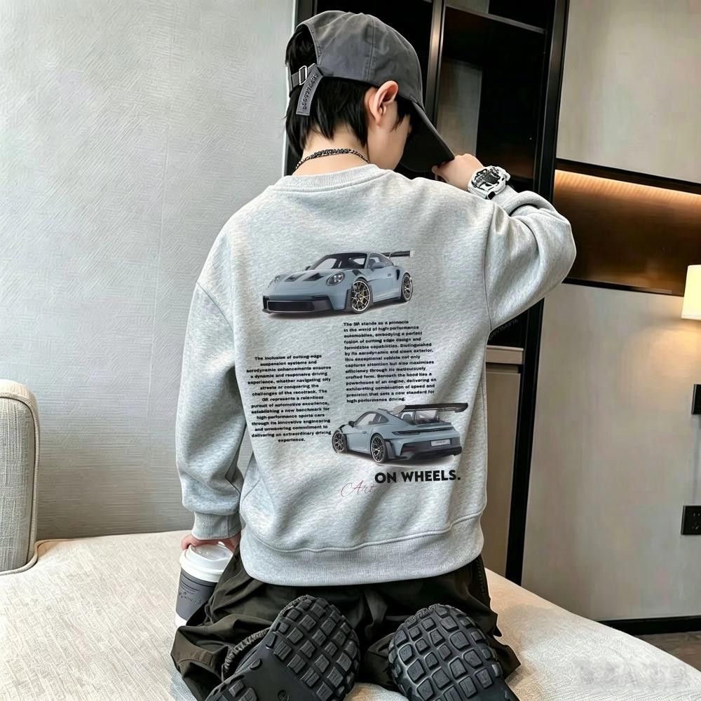 Autumn Winter Kids Crew Neck Sweatshirt Racing Car Graphic Back Print Boys Girls Casual Pullover Tops