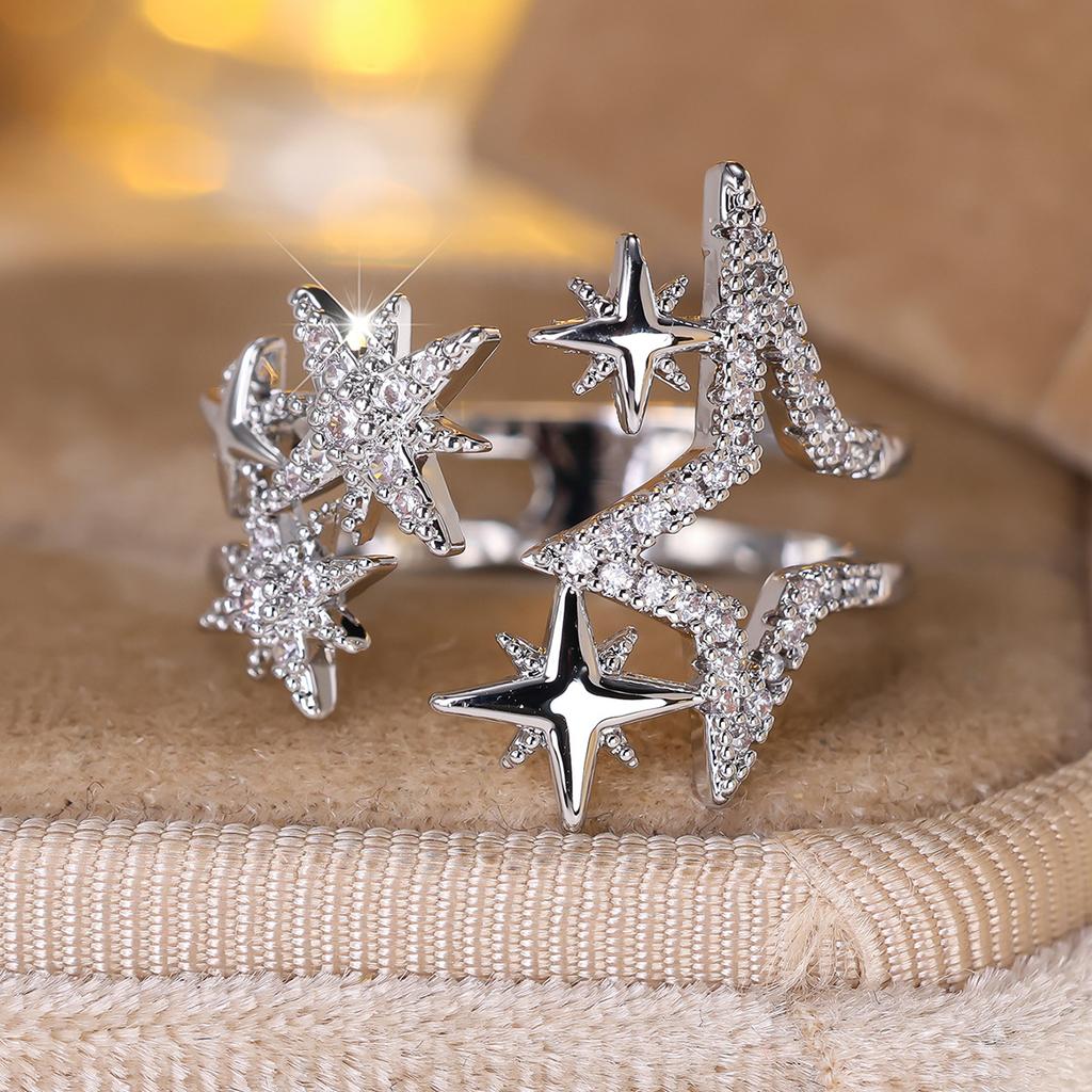 Silver Color Sparking Zircon Starlight Ring for Women Adjustable Beautiful Princess Party Jewelry Accessories Gifts