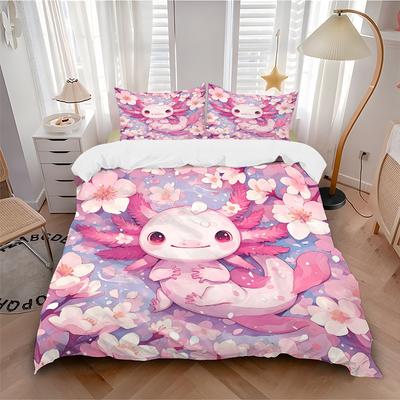 3-teiliges Bettwäscheset mit Axolotl- und rosa Blumenmotiv – inklusive Bettbezug und Kissenbezügen, für alle Jahreszeiten geeignet, maschinenwaschbar – ideales Geschenk für F