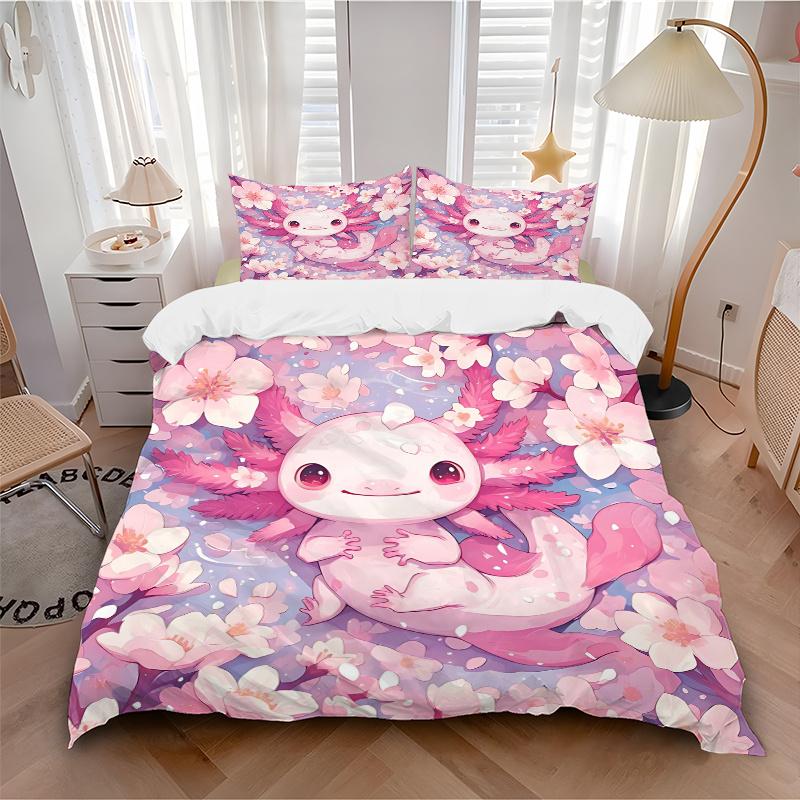 3pcs Axolotl & Pink Flower Bedding Set - Includes 1 Quilt Cover and 2 Pillowcases, Comfortable Bedding with Stylish Design for Bedroom, Mach