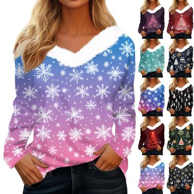 Women's Fashion Long Sleeve Christmas Day Printed Plush Neck V-Neck Pullover Top