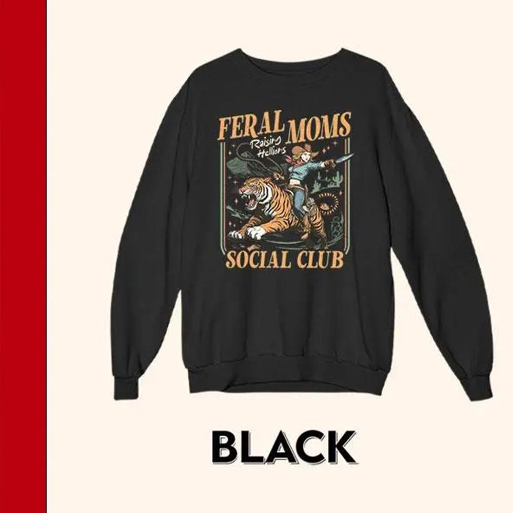 Women Vintage Feral Moms Social Club Sweatshirt Bookish Mama Vintage Graphic Unisex Y2K Pullovers Funny Sweatshirt Streetwear