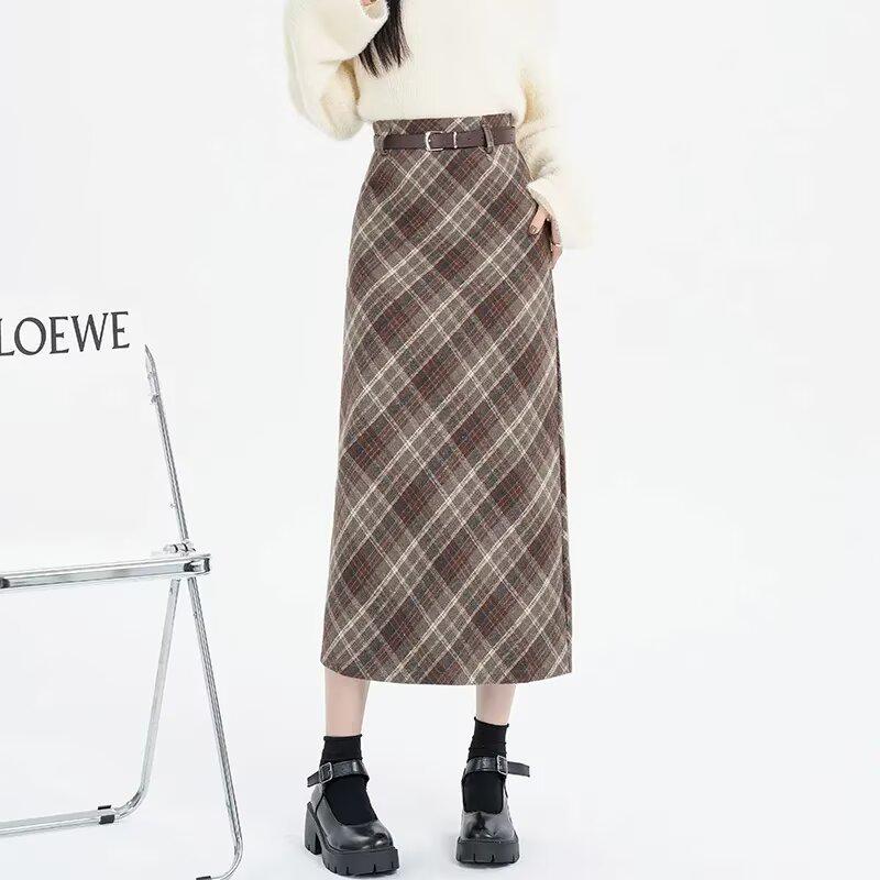 

Женская клетчатая шерстяная юбка А-силуэта большого размера с высокой талией и разрезом - Коллекция Осень 2025 S кофейный