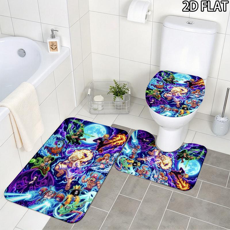 Luffy Anime Pattern 3Pcs Bathroom Rug Set, Non Slip Absorbent Bath Mat, Contour Mat & Toilet Lid Cover, Bathroom Decor