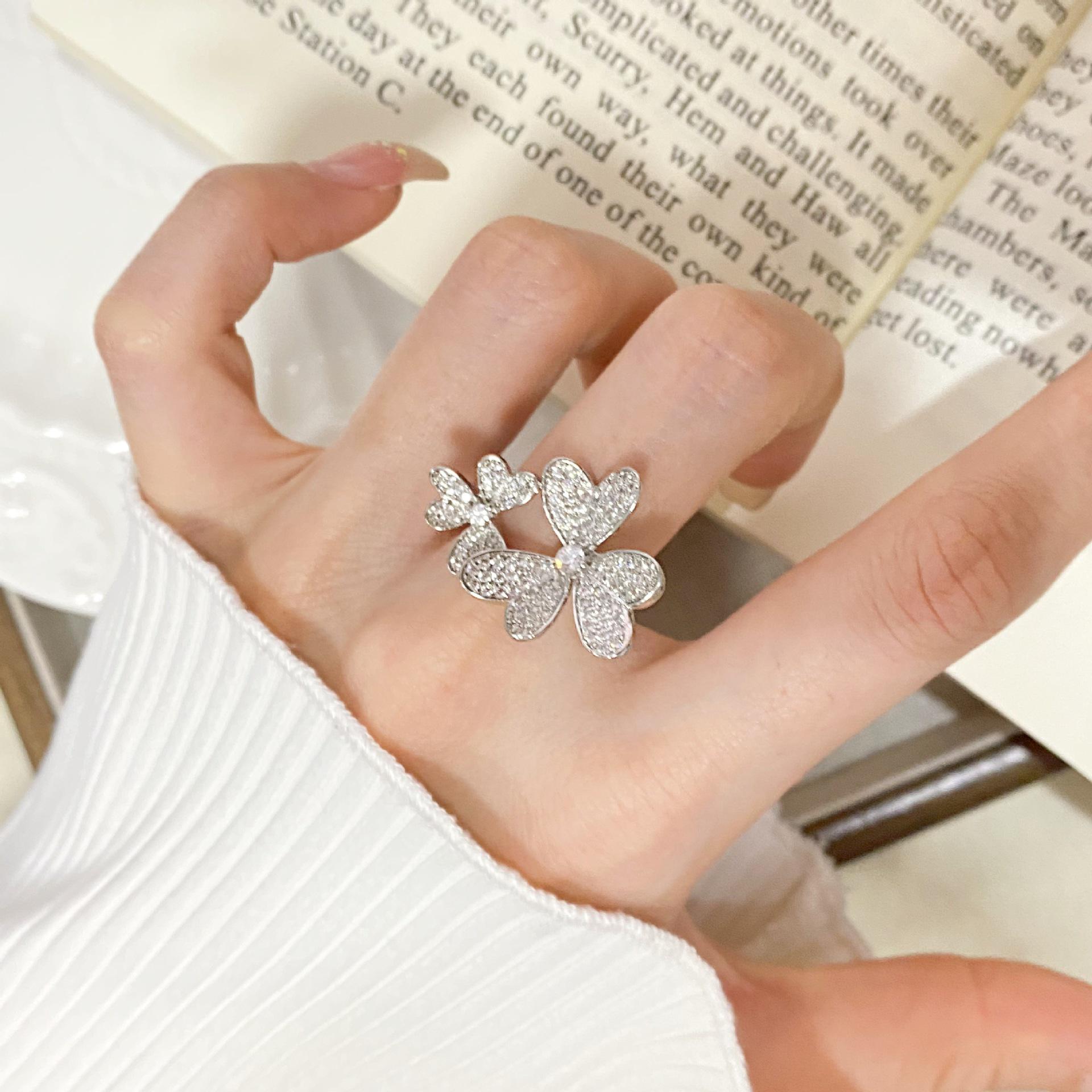 Luxury Double Clover Heart Diamond Adjustable Ring Adjustable Open Size