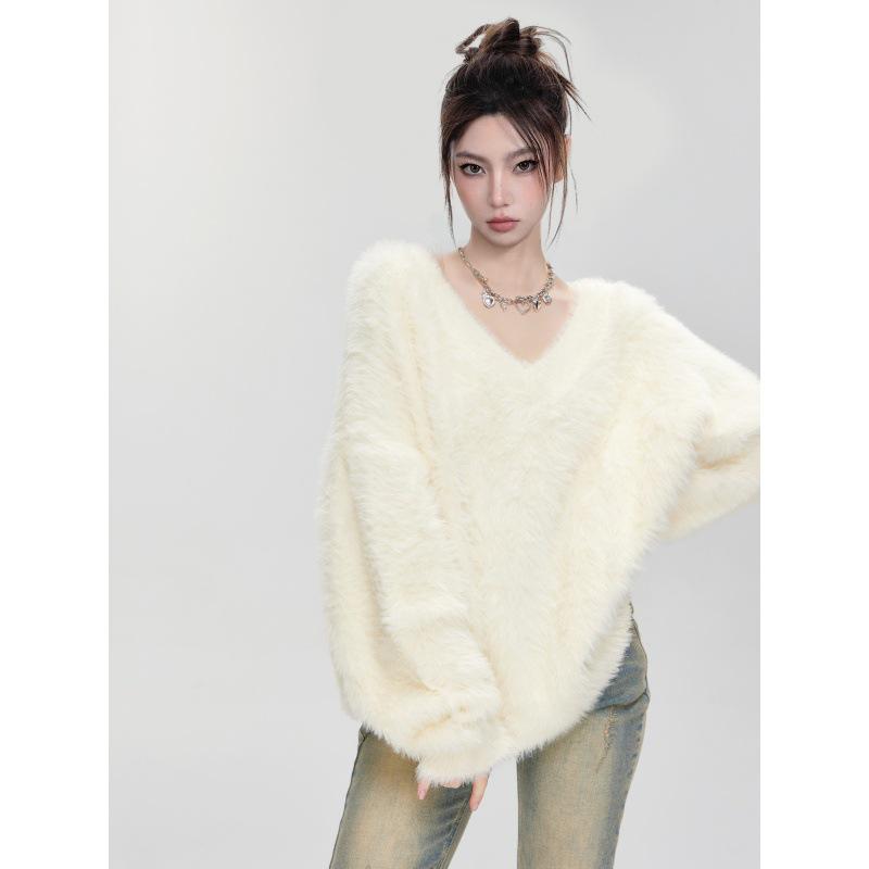 Nai Fufu 2025 Women's Autumn/Winter V-Neck Mohair Sweater - Soft, Fluffy Knit Pullover