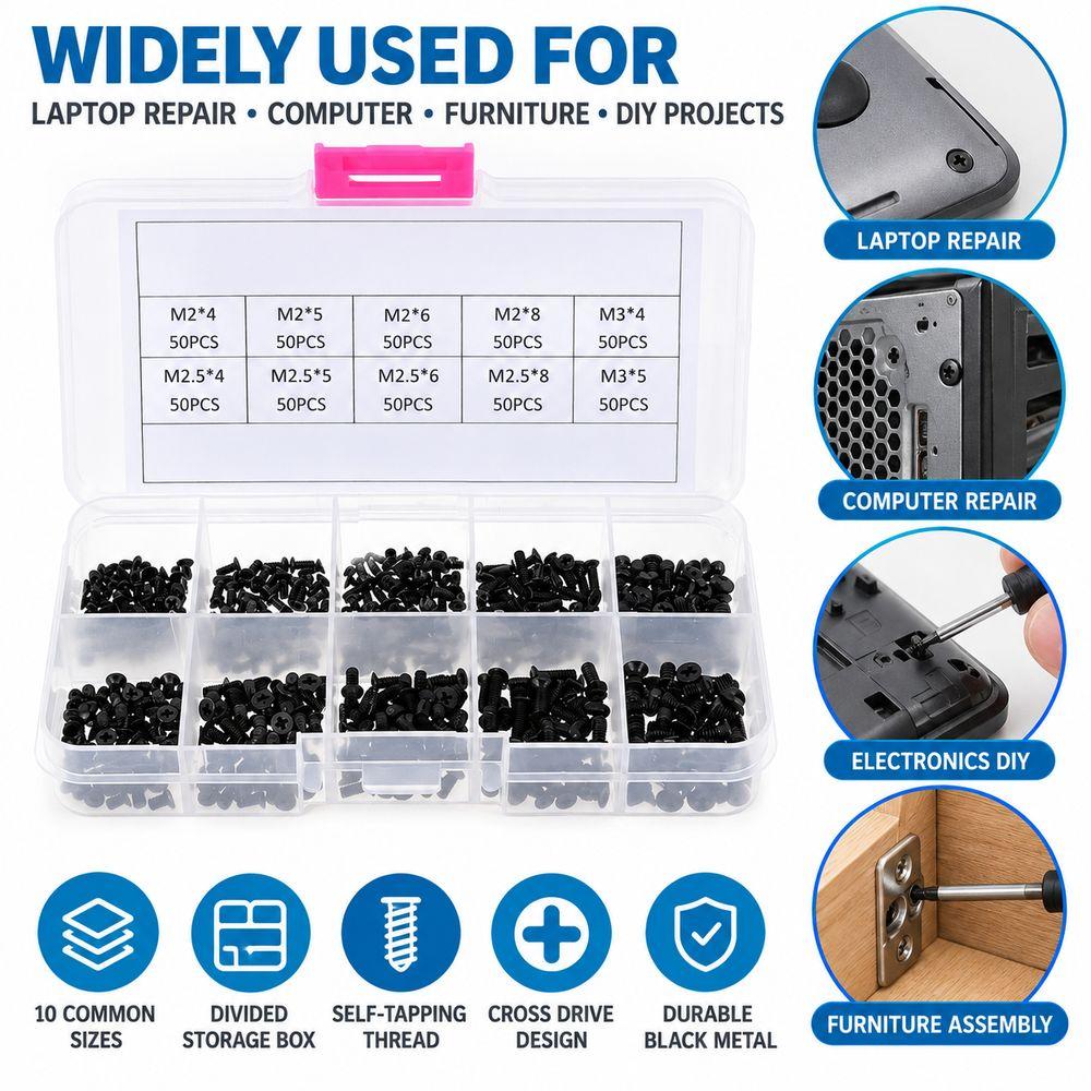 500Pcs M2 M2.5 M3 Cross Self-Tapping Screws Metal Laptop Screws New Round Head Screws  Laptop Repair