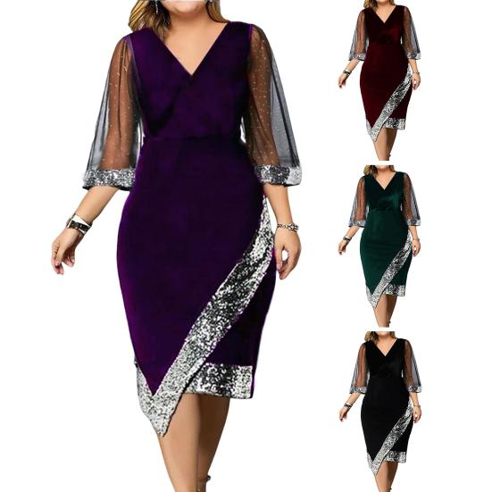Summer Women Dress Sequin See-through Mesh Three Quarter Sleeves Irregular Hem Contrast Color Slim Fit V Neck Knee Length Commute Party Prom
