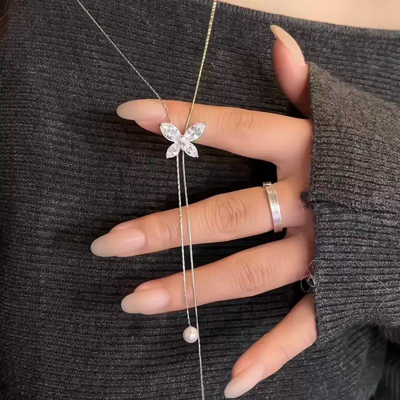 Zircon Butterfly Round Pearl Necklace - Niche Design, Elegant Sweater Chain, Light Luxury Feel