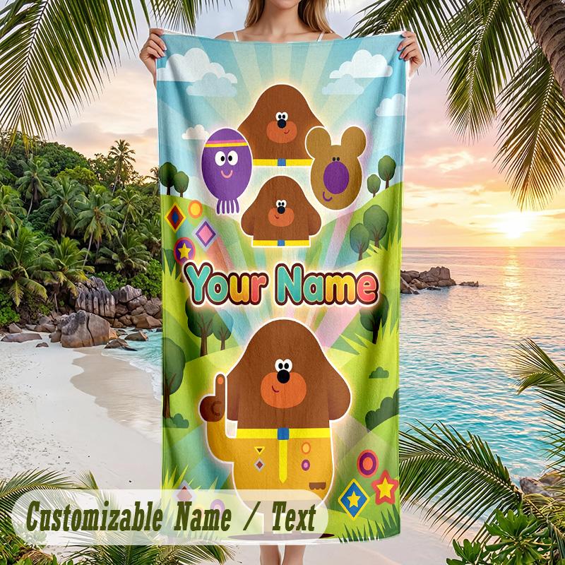 Hey Duggee Beach Towel, Personalized Custom Text, Quick Dry Soft Large Towel For Swimming Pool Travel
