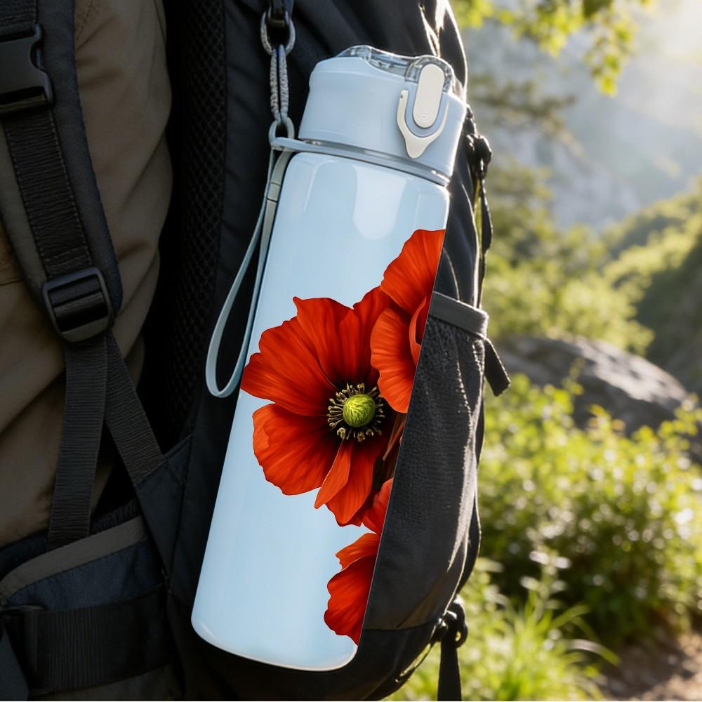 1PC Red Poppy Flower Bouquet Print 750ml Color Plastic Sports Water Bottle Leakproof Flip Straw Lid Suitable for Sports Office Home Use