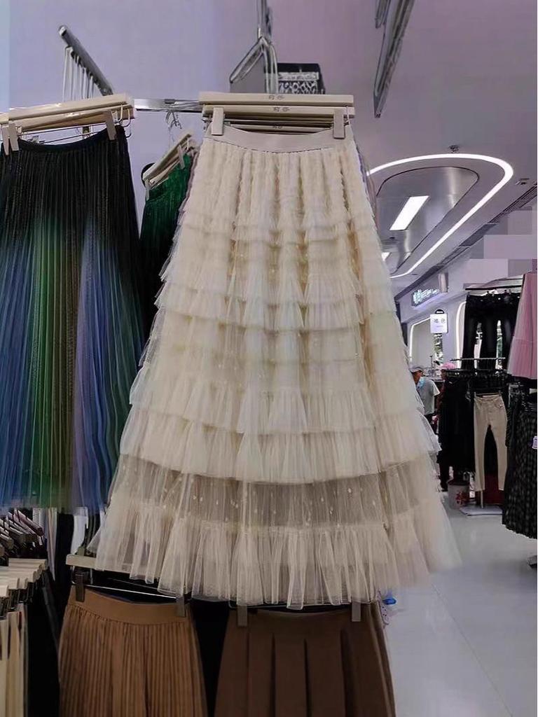 Fairy Embroidered Mesh High-Waist Fluffy Midi Skirt