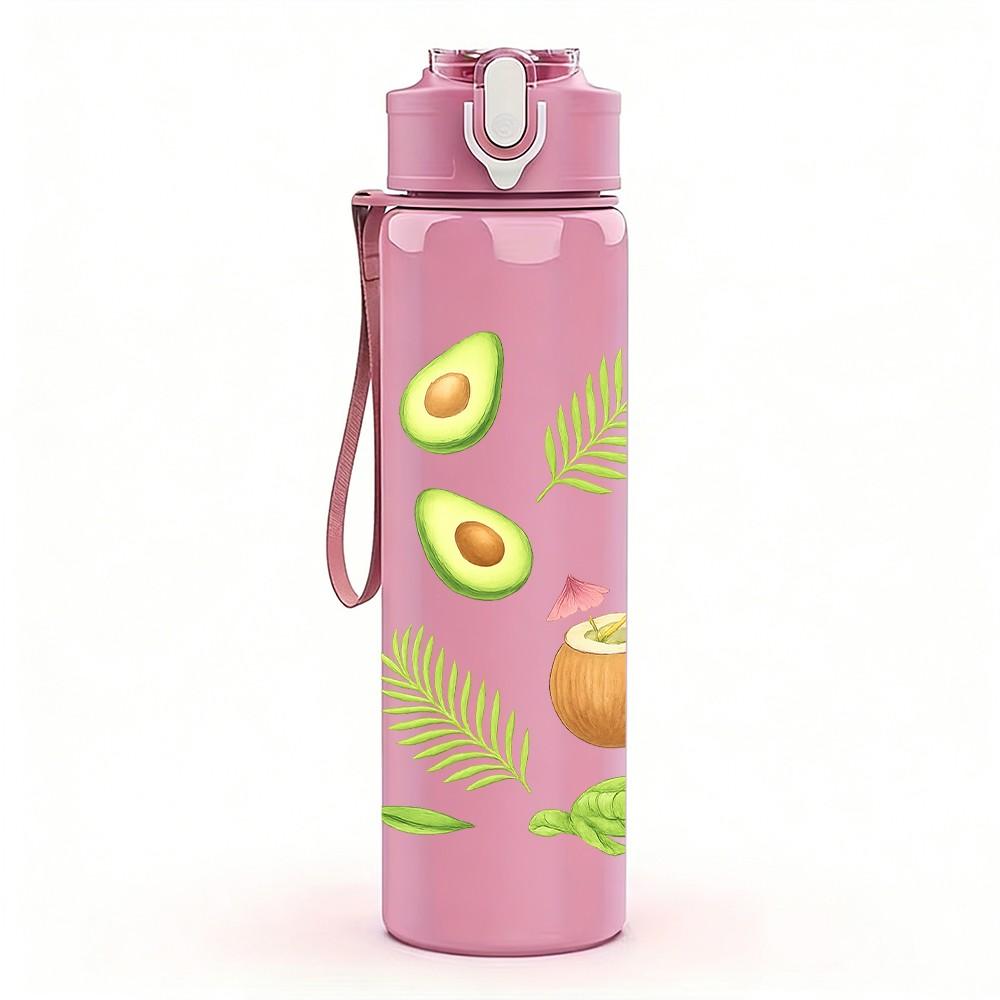 1PC Avocado Fruit Tropical Pattern Print 750ml Color Plastic Sports Water Bottle Leakproof Flip Straw Lid Suitable for Sports Office Home Use