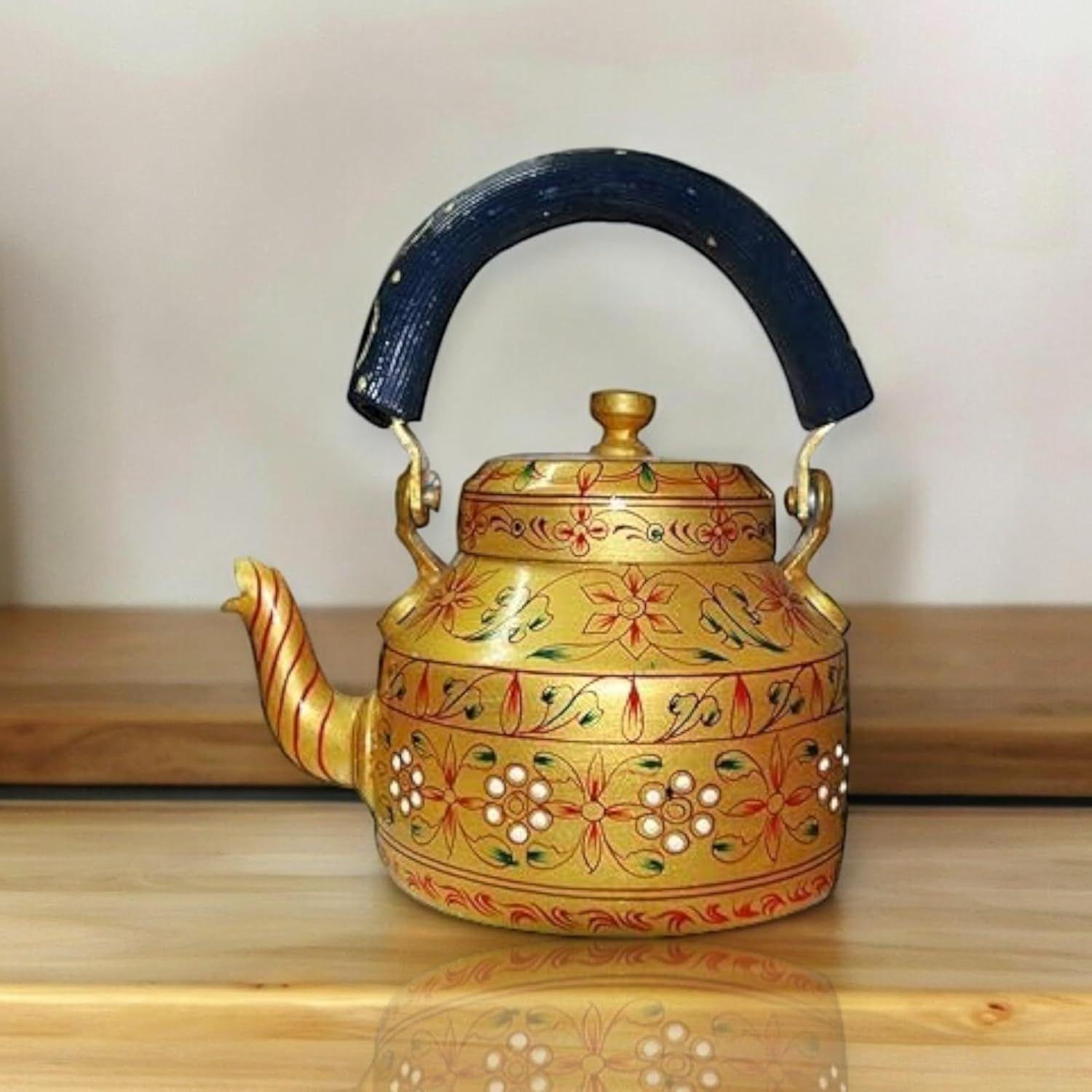 

Расписанный вручную Традиционный Алюминиевый Цветной Декоративный Чайник(6 дюймов) (золотой) золотистый