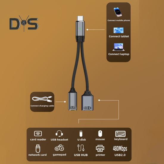 USB-C OTG Lade- und Datenadapterkabel 2-in-1 100 W PD Typ C auf USB 2.0 Konverter Schnelle Ladung und 5 Gbit/s Datenübertragung Nylon geflochten Überspannung