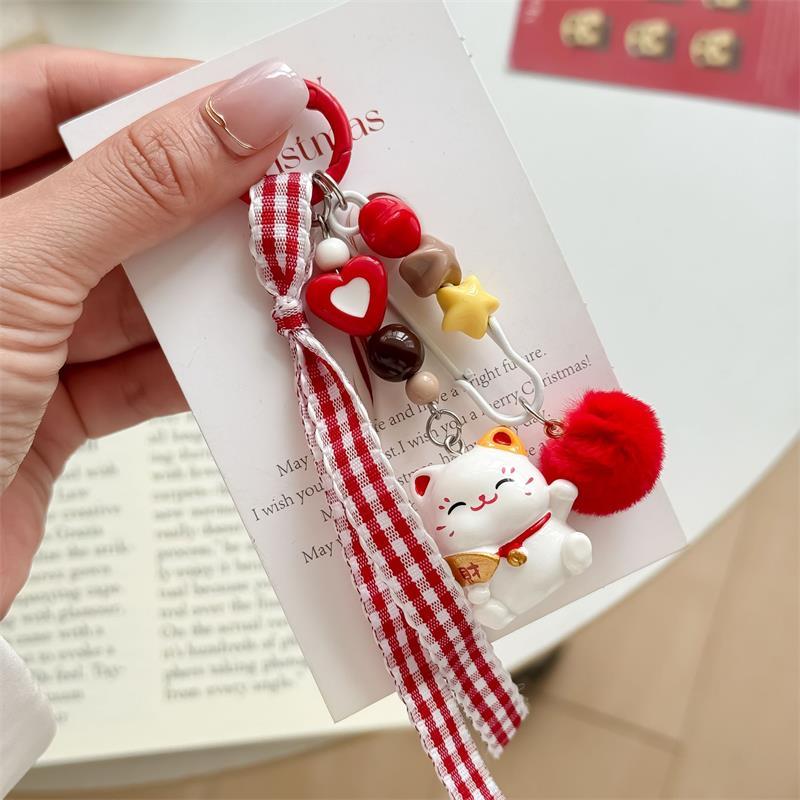 

Cute Funny Lucky Cat Red Fur Ball Beads Keychain Pendant Phone Chain Bag Hanging Ornament Backpack Charms Keyring Accessory Gift A1