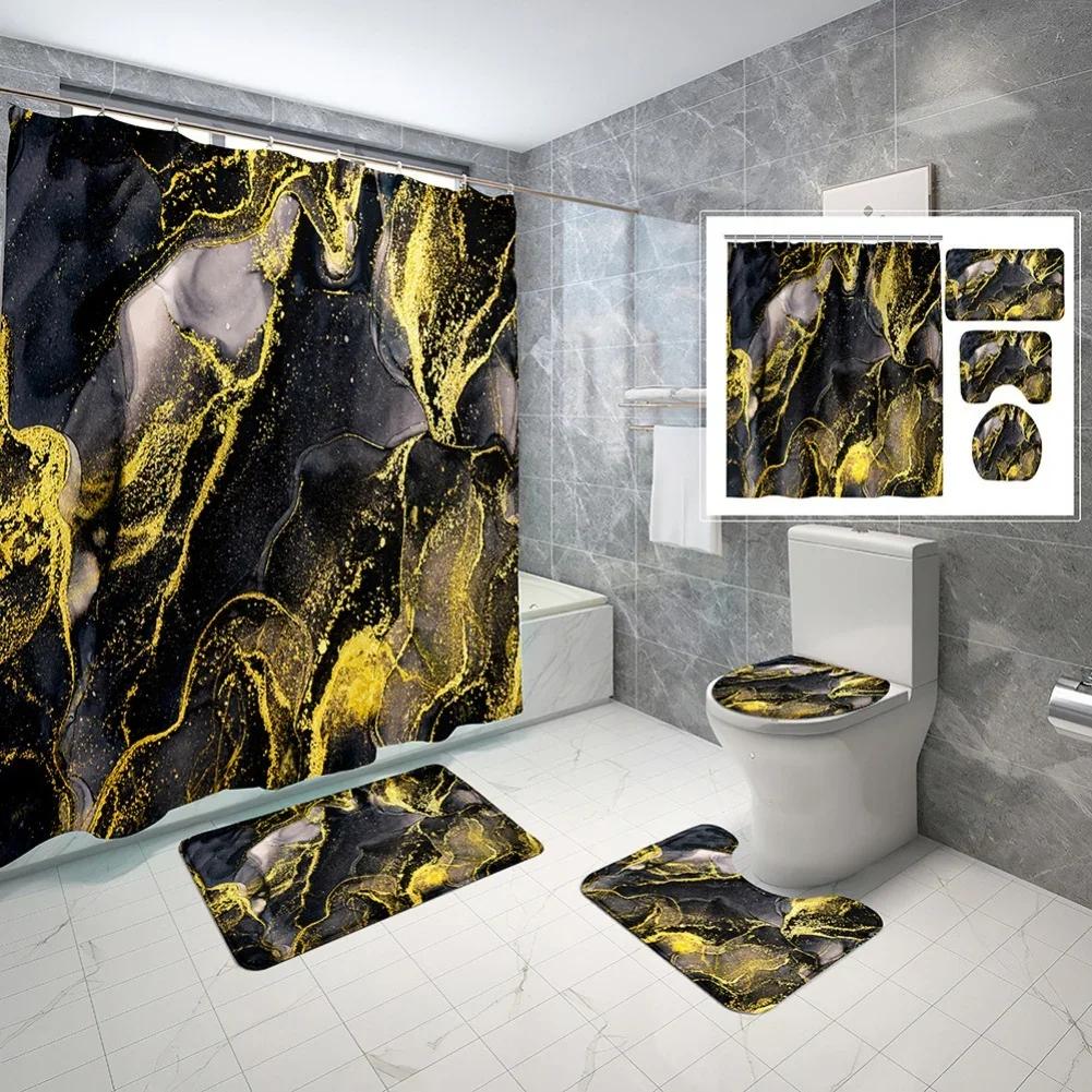 

Geometric Golden Crackle Marble Shower Curtain Set Washable Bath Non-Slip Mat Rugs Carpet Toilet Seat Cover Modern Home Decor W60H190(CM)-1 Pcs