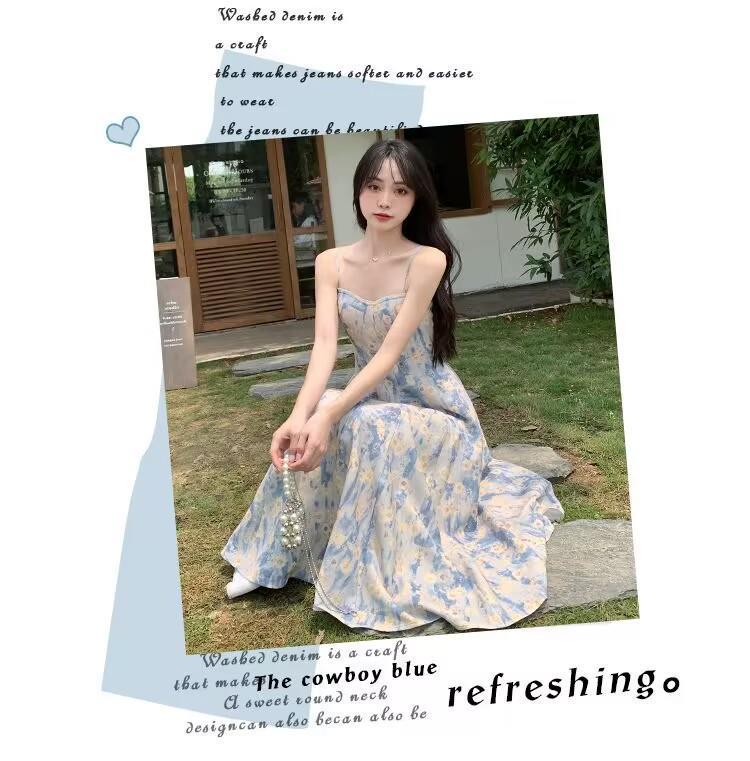 Damklänning 2025 Fransk Blå Blommig Spagettistropp Maxi - Sommar Midjesmalnande High-End Stil