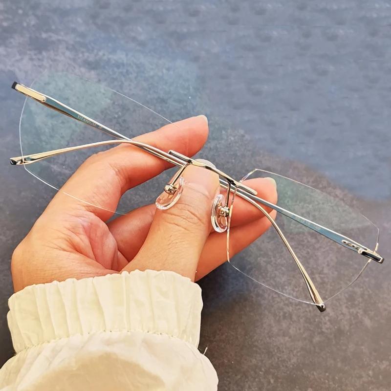 

Women Men Anti Blue Light Glasses Rimless Reading Glasses No Prescription Lens Myopia Eyewear Metal Frame Presbyopic Eyeglasses +200
